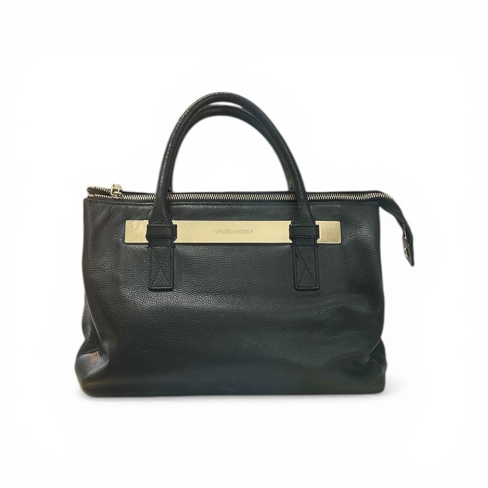 Vince‎ Camuto Black Leather Satchel Large Gold Logo Top Handle Bag Pebbled Corp - Picture 2 of 8